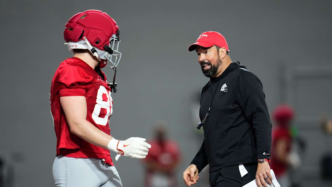 Ohio State Buckeyes head coach Ryan Day talks to tight end Max LeBlanc (88) during the first day of spring workouts for the 2026 football season at Woody Hayes Athletic Complex in Columbus on March 10, 2026.
