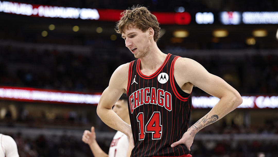 Nov 21, 2025; Chicago, Illinois, USA; Chicago Bulls forward Matas Buzelis (14) reacts during the second half at United Center. Mandatory Credit: Kamil Krzaczynski-Imagn Images Nov 21, 2025; Chicago, Illinois, USA; Chicago Bulls forward Matas Buzelis (14) reacts during the second half at United Center. Mandatory Credit: Kamil Krzaczynski-Imagn Images