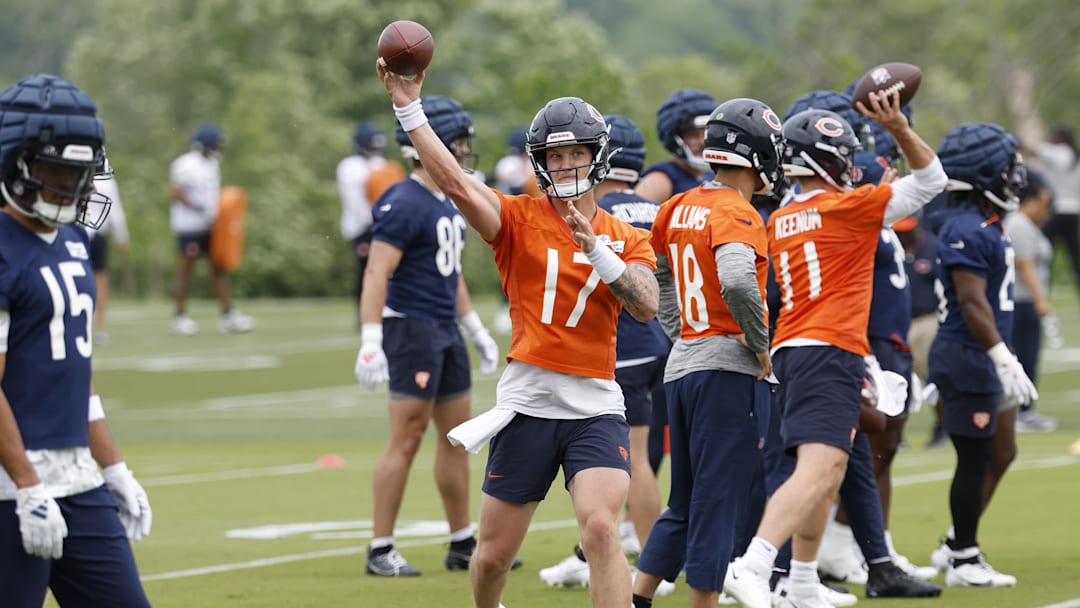 Jun 3, 2025; Lake Forest, IL, USA; Chicago Bears quarterback Tyson Bagent (17) passes the ball during minicamp at Halas Hall. Mandatory Credit: Kamil Krzaczynski-Imagn Images