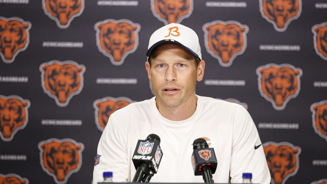 Jul 24, 2025; Lake Forest, IL, USA; Chicago Bears head coach Ben Johnson speaks during training camp at Halas Hall. Mandatory Credit: Kamil Krzaczynski-Imagn Images