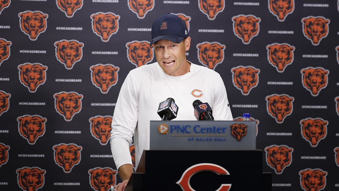 Aug 15, 2025; Lake Forest, IL, USA; Chicago Bears head coach Ben Johnson addresses the media at Halas Hall before joint training camp practice with the Buffalo Bills ahead of Sunday's preseason game. Mandatory Credit: Kamil Krzaczynski-Imagn Images