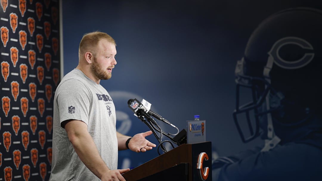 May 8, 2026; Lake Forest, IL, USA; Chicago Bears offensive lineman Logan Jones (54) speaks during Rookie Minicamp at Halas Hall. Mandatory Credit: Kamil Krzaczynski-Imagn Images