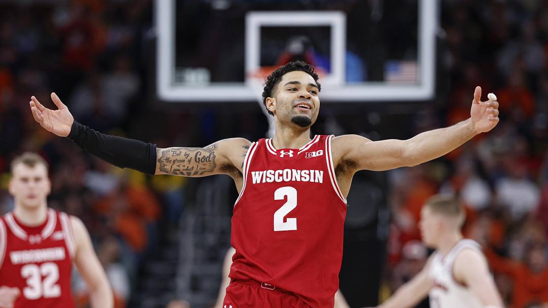 Mar 13, 2026; Chicago, IL, USA; Wisconsin Badgers guard Nick Boyd (2) reacts during the second half at United Center. Mandatory Credit: Kamil Krzaczynski-Imagn Images