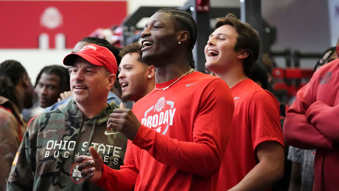 Ohio State Buckeyes wide receiver Carnell Tate (17) watches as teammates do the vertical jump during Pro Day for NFL scouts at the Woody Hayes Athletics Center on March 25, 2026.