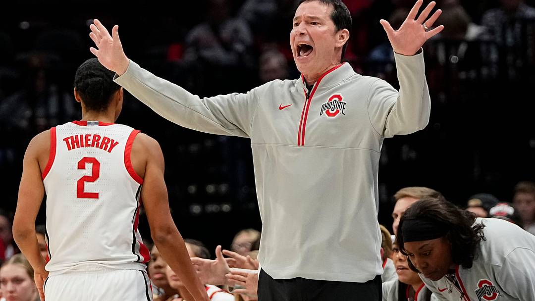 Ohio State Buckeyes head coach Kevin McGuff motions during the first half of the NCAA women's basketball game against the Charlotte 49ers at Value City Arena on Tuesday, Nov. 12, 2024.