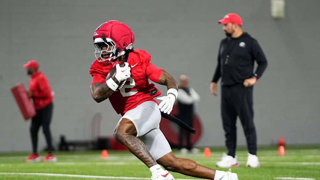 Ohio State Buckeyes running back Legend Bey (2) runs during the first day of spring workouts for the 2026 football season at Woody Hayes Athletic Complex in Columbus on March 10, 2026.