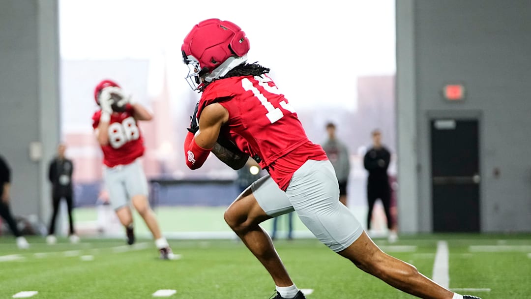 Ohio State Buckeyes wide receiver Chris Henry Jr. (15) runs after making a catch during the first day of spring workouts for the 2026 football season at Woody Hayes Athletic Complex in Columbus on March 10, 2026.