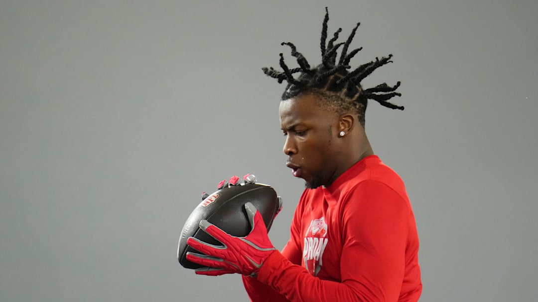 Ohio State Buckeyes cornerback Davison Igbinosun catches a ball during Pro Day for NFL scouts at the Woody Hayes Athletics Center on March 25, 2026.
