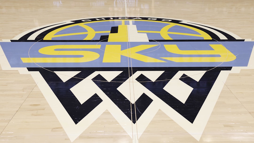 Jul 12, 2025; Chicago, Illinois, USA; Chicago Sky logo is seen on the court before a basketball game between the Chicago Sky and Minnesota Lynx at Wintrust Arena. Mandatory Credit: Kamil Krzaczynski-Imagn Images