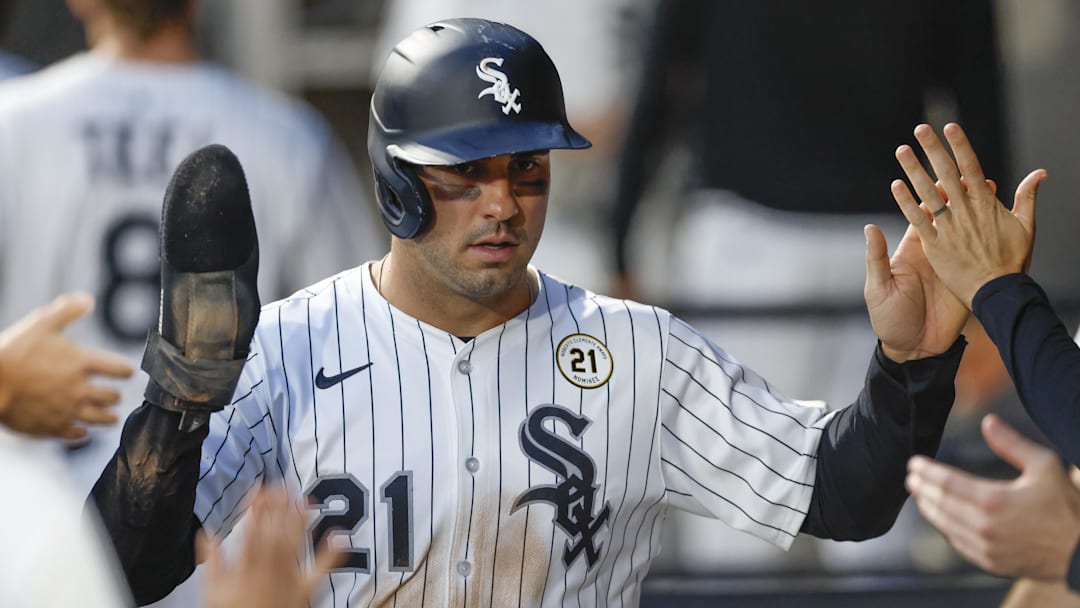 Sep 15, 2025; Chicago, Illinois, USA; Chicago White Sox right fielder Mike Tauchman celebrates with teammates in the dugout after scoring against the Baltimore Orioles during the first inning at Rate Field. Mandatory Credit: Kamil Krzaczynski-Imagn Images