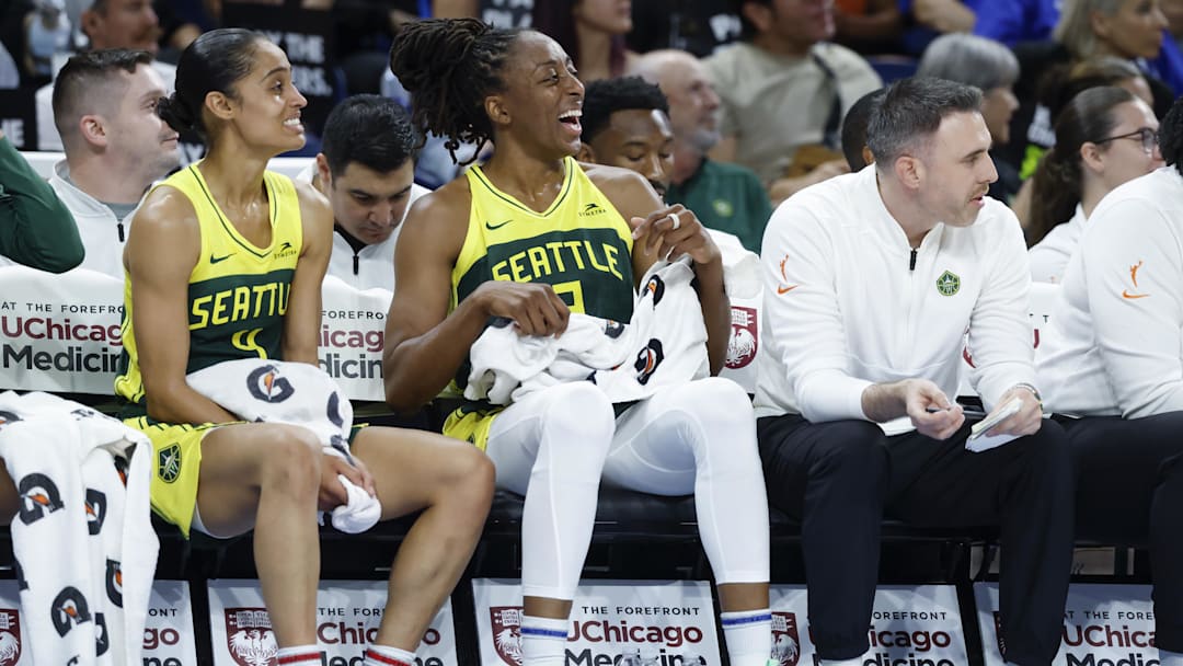 Jul 24, 2025; Chicago, Illinois, USA; Seattle Storm guard Skylar Diggins (4) and forward Nneka Ogwumike (3) smile as they sit on the bench during the second half of a basketball game against the Chicago Sky at Wintrust Arena. Mandatory Credit: Kamil Krzaczynski-Imagn Images Jul 24, 2025; Chicago, Illinois, USA; Seattle Storm guard Skylar Diggins (4) and forward Nneka Ogwumike (3) smile as they sit on the bench during the second half of a basketball game against the Chicago Sky at Wintrust Arena. Mandatory Credit: Kamil Krzaczynski-Imagn Images