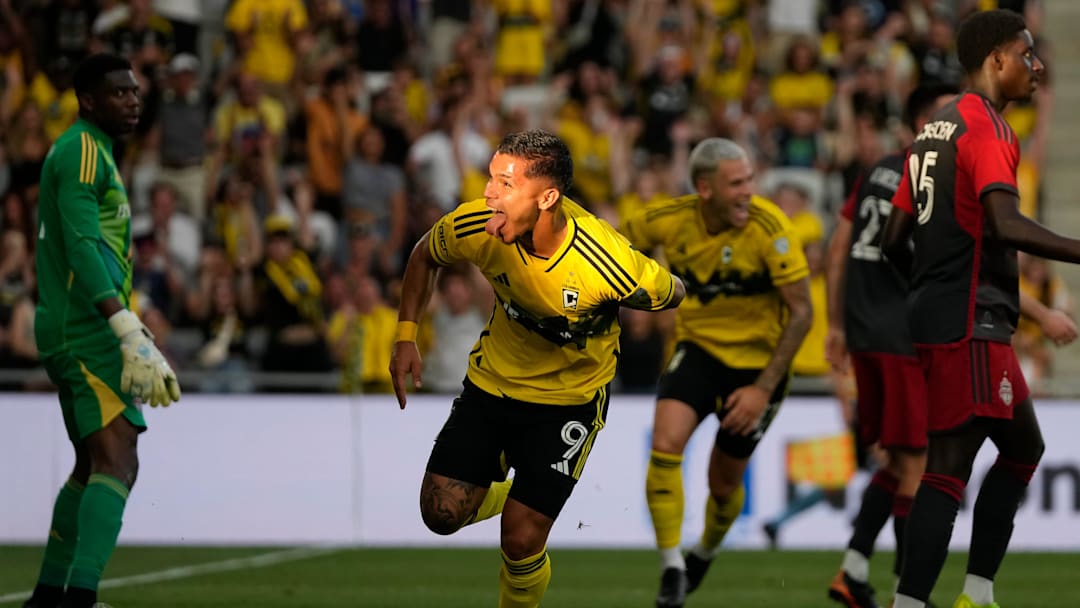 Jul 6, 2024; Columbus, OH, USA; Columbus Crew forward Cucho Hernandez (9) celebrates scoring a goal during the first half of the MLS soccer match against Toronto FC at Lower.com Field.