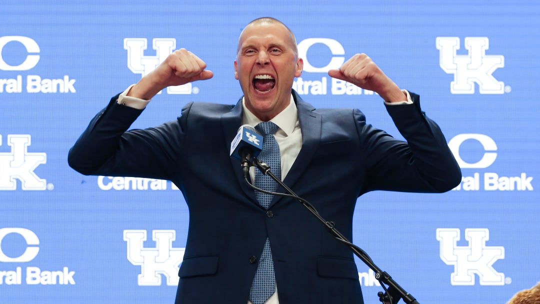 Former Kentucky basketball player and new head coach Mark Pope was animated during his announcement at Rupp Arena in Lexington Ky. on April 14, 2024.