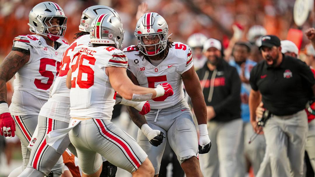 Ohio State Buckeyes linebacker Riley Pettijohn (5) celebrates a sack of Texas Longhorns quarterback Arch Manning (16) at Darrell K Royal–Texas Memorial Stadium in Austin, Texas on Sept. 12, 2026.