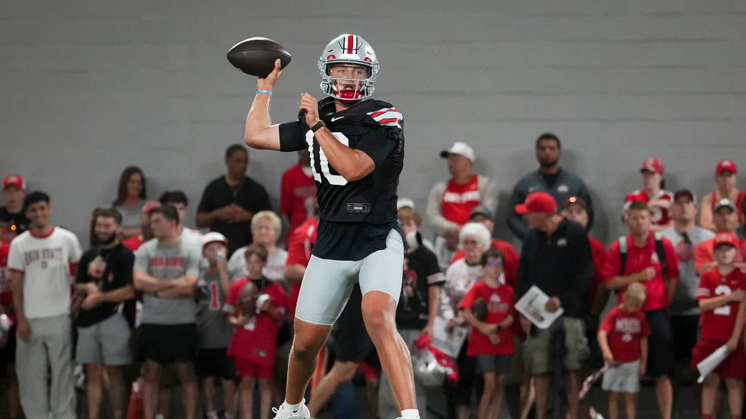 Ohio State Buckeyes quarterback Julian Sayin (10) looks to pass during football training camp inside the Woody Hayes Athletic Center in Columbus on Aug. 7, 2026. Ohio State Buckeyes quarterback Julian Sayin (10) looks to pass during football training camp inside the Woody Hayes Athletic Center in Columbus on Aug. 7, 2026.