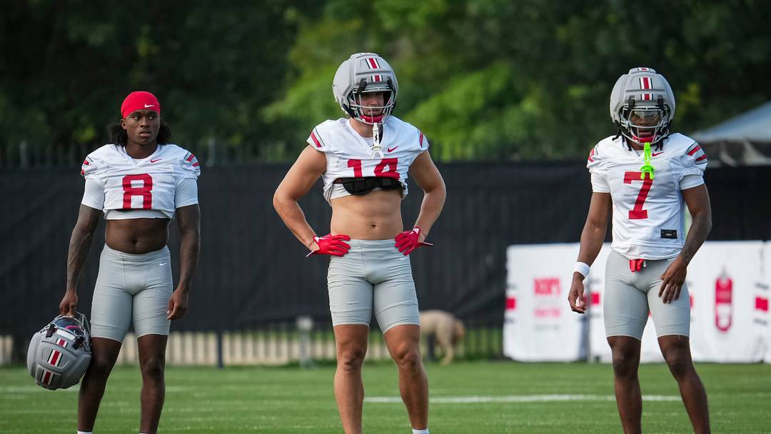 Ohio State Buckeyes safety Jaylen McClain (8), linebacker Christian Alliegro (14) and cornerback Jermaine Mathews Jr. (7) line up during the first practice of training camp at the Woody Hayes Athletic Center in Columbus on Aug. 6, 2026. Ohio State Buckeyes safety Jaylen McClain (8), linebacker Christian Alliegro (14) and cornerback Jermaine Mathews Jr. (7) line up during the first practice of training camp at the Woody Hayes Athletic Center in Columbus on Aug. 6, 2026.
