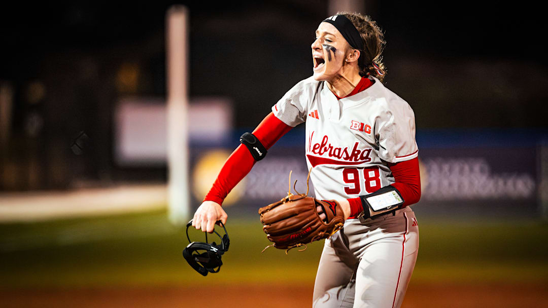 Nebraska pitcher Jordy Bahl celebrates during a 7-1 win over No. 6 Tennessee at the NFCA Leadoff Classic in Clearwater, Fla. on Feb. 6, 2025. Nebraska pitcher Jordy Bahl celebrates during a 7-1 win over No. 6 Tennessee at the NFCA Leadoff Classic in Clearwater, Fla. on Feb. 6, 2025.