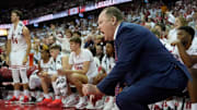 Dec 2, 2023; Madison, Wisconsin, USA; Wisconsin Badgers head coach Greg Gard reacts during the first half against the Marquette Golden Eagles at the Kohl Center. Wisconsin won 75-64.