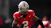 Ohio State Buckeyes defensive back Caleb Downs (2) warms up during the NCAA football game against the Penn State Nittany Lions at Ohio Stadium in Columbus on Nov. 1, 2025.