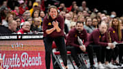 Minnesota Golden Gophers head coach Dawn Plitzuweit cheers on her team during the second half of the NCAA women's basketball game against the Ohio State Buckeyes at Value City Arena in Columbus on Feb. 13, 2025. Ohio State won 87-84 in overtime.