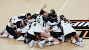 The Penn State women's volleyball team celebrates its 2024 NCAA championship victory over Louisville.