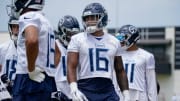 Tennessee Titans wide receiver Treylon Burks (16) prepares to run a drill during an OTA practice at