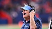 Oct 31, 2025; Syracuse, New York, USA; North Carolina Tar Heels head coach Bill Belichick looks to the clock in the fourth quarter game against the Syracuse Orange at the JMA Wireless Dome. 