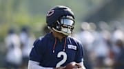 Jul 23, 2025; Lake Forest, IL, USA; Chicago Bears wide receiver DJ Moore (2) runs with the ball during training camp at Halas Hall. Mandatory Credit: Kamil Krzaczynski-Imagn Images