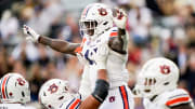 Auburn Tigers tight end Rivaldo Fairweather (13) celebrates his touchdown against Vanderbilt.