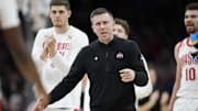 Mar 26, 2024; Columbus, OH, USA; Ohio State Buckeyes head coach Jake Diebler yells to his team during the first half of the NIT quarterfinals against the Georgia Bulldogs at Value City Arena.
