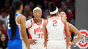 Mar 24, 2024; Columbus, OH, USA; Ohio State Buckeyes forward Cotie McMahon (32) and guard Jacy Sheldon (4) look up to the scoreboard during the second half of the women’s NCAA Tournament second round against the Duke Blue Devils at Value City Arena. Ohio State lost 75-63.