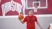 Jul 9, 2024; Columbus, OH, USA; Ohio State Buckeyes head coach Jake Diebler yells to his players during a summer workout in the practice gym at the Schottenstein Center.