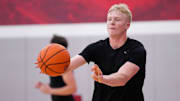 Jul 9, 2024; Columbus, OH, USA; Ohio State Buckeyes forward Colin White passes during a summer workout in the practice gym at the Schottenstein Center.