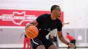 Jul 9, 2024; Columbus, OH, USA; Ohio State Buckeyes guard Micah Parrish dribbles during a summer workout in the practice gym at the Schottenstein Center.