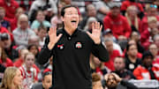 Mar 24, 2024; Columbus, OH, USA; Ohio State Buckeyes head coach Kevin McGuff motions during the second half of the women’s NCAA Tournament second round against the Duke Blue Devils at Value City Arena. Ohio State lost 75-63.