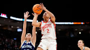 Mar 22, 2024; Columbus, OH, USA; Ohio State Buckeyes guard Taylor Thierry (2) shoots in front of Maine Black Bears guard Sarah Talon (12) during the first half of the women’s basketball NCAA Tournament at Value City Arena.