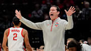 Ohio State Buckeyes head coach Kevin McGuff motions during the first half of the NCAA women's basketball game against the Charlotte 49ers at Value City Arena on Tuesday, Nov. 12, 2024.