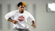 Ohio State Buckeyes offensive lineman Josh Simmons works out during the pro day for NFL scouts at the Woody Hayes Athletic Cente on March 26, 2025.