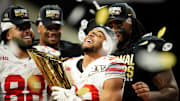 Ohio State running back TreVeyon Henderson (32) holds the national championship trophy after his team's defeat of Notre Dame in the College Football Playoff title game at Mercedes-Benz Stadium in Atlanta on Jan. 21, 2025.