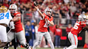 Ohio State Buckeyes quarterback Julian Sayin (10) passes during the NCAA football game against the UCLA Bruins at Ohio Stadium in Columbus on Nov. 15, 2025. Ohio State won 48-10.