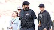 Ohio State Buckeyes defensive coordinator Matt Patricia arrives with his family prior to the NCAA football game against the Penn State Nittany Lions at Ohio Stadium in Columbus on Nov. 1, 2025.
