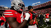 Ohio State Buckeyes linebacker Arvell Reese (8) and cornerback Devin Sanchez (6) celebrate following the NCAA football game against the Penn State Nittany Lions at Ohio Stadium in Columbus on Nov. 1, 2025.