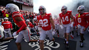 The Ohio State Buckeyes take the field for the NCAA football game at Ohio Stadium in Columbus on Nov. 22, 2025. Ohio State won 42-9.