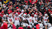 Ohio State Buckeyes players celebrate following the NCAA football game against the Michigan Wolverines at Michigan Stadium in Ann Arbor, Mich. on Nov. 29, 2025. Ohio State won 27-9.