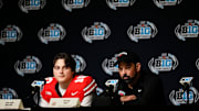 Ohio State Buckeyes head coach Ryan Day and quarterback Julian Sayin talk to media following the Big Ten Conference championship game against the Indiana Hoosiers at Lucas Oil Stadium in Indianapolis on Dec. 6, 2025. Ohio State lost 13-10.