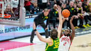 Ohio State Buckeyes guard Bruce Thornton (2) shoots the ball Oregon Ducks center Nate Bittle (32) in the second half at Value City Arena on Thursday, Jan. 9, 2025 in Columbus, Ohio.