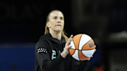 May 22, 2025; Chicago, Illinois, USA; New York Liberty guard Sabrina Ionescu (20) warms up before a WNBA game against the Chicago Sky at Wintrust Arena. Mandatory Credit: Kamil Krzaczynski-Imagn Images