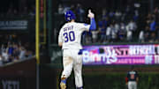 Sep 5, 2025; Chicago, Illinois, USA; Chicago Cubs right fielder Kyle Tucker (30) rounds the bases after hitting a three-run home run against the Atlanta Braves during the third inning at Wrigley Field. Mandatory Credit: Kamil Krzaczynski-Imagn Images
