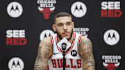 Sep 30, 2024; Chicago, Il, USA; Chicago Bulls guard Lonzo Ball (2) speaks to the press during Media Day. Mandatory Credit: Kamil Krzaczynski-Imagn Images