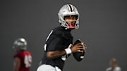 Mar 7, 2024; Columbus, OH, USA; Ohio State Buckeyes quarterback Air Noland (12) looks to throw during spring football practice at the Woody Hayes Athletic Center.